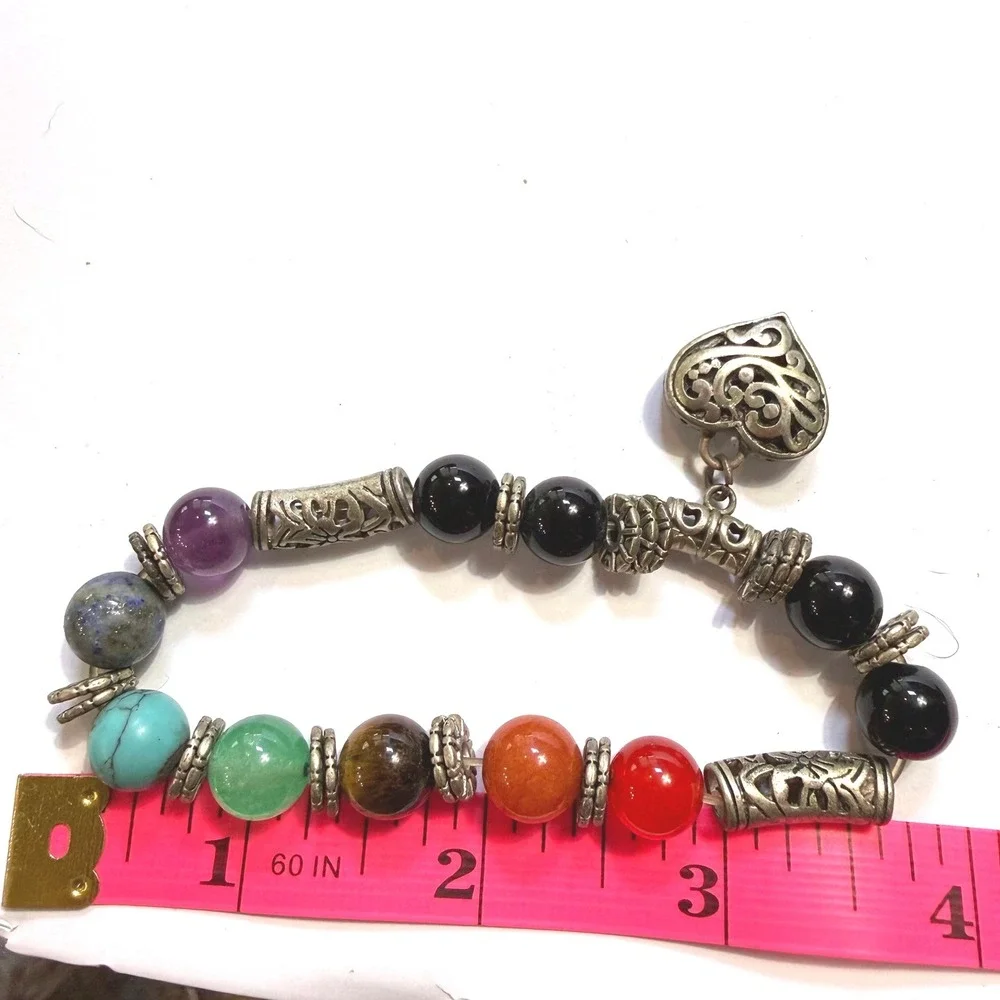 Chakra Bead Stretch Bracelet Silver Heart Charm Natural Stone Healing Jewelry